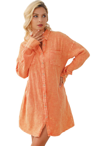 Orange Crinkled Pocket Oversized Shirt Dress