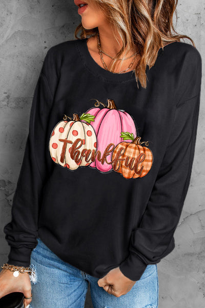 Black Pumpkin Thankful Drop Shoulder Thanksgiving Pullover Sweatshirt