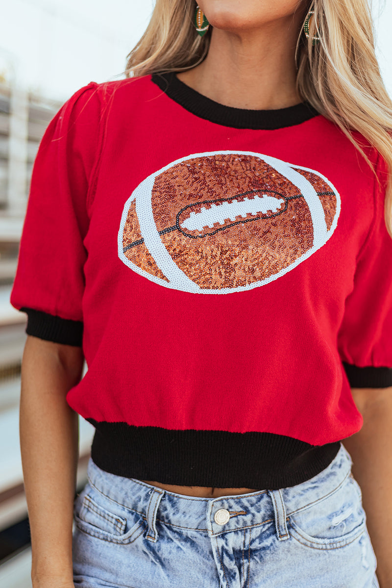 Pink Sequin Rugby Color Block Puff Short Sleeve Sweater