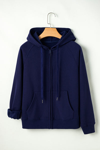 Navy Blue Solid Color Fleece Lined Zip up Hoodie