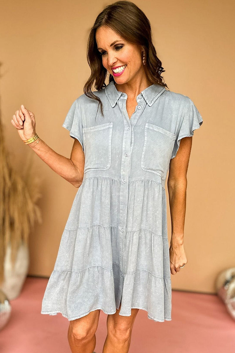 Mineral Washed Ruffle Sleeve Tiered Chambray Dress