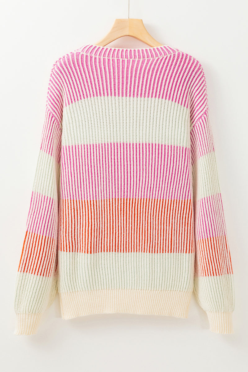 Brown Colorblock Textured Knit Bubble Sleeve Sweater