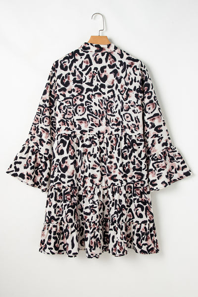 Rose Leopard Print Buttoned Front 3/4 Sleeve Tiered Ruffled Hem Dress