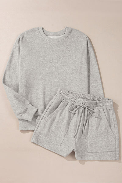 Light Grey Solid Pullover Sweatshirt and Shorts 2 Piece Set