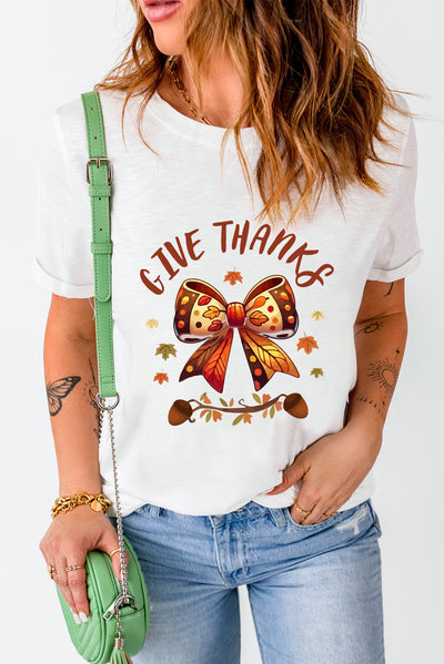 White GIVE THANKS Bowknot Graphic Cuffed Sleeve T Shirt