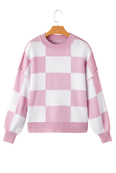 Rose Stripe Checkered Bishop Sleeve Sweater