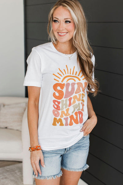 White Sun Shine On My Mind Crew Neck Graphic Tee