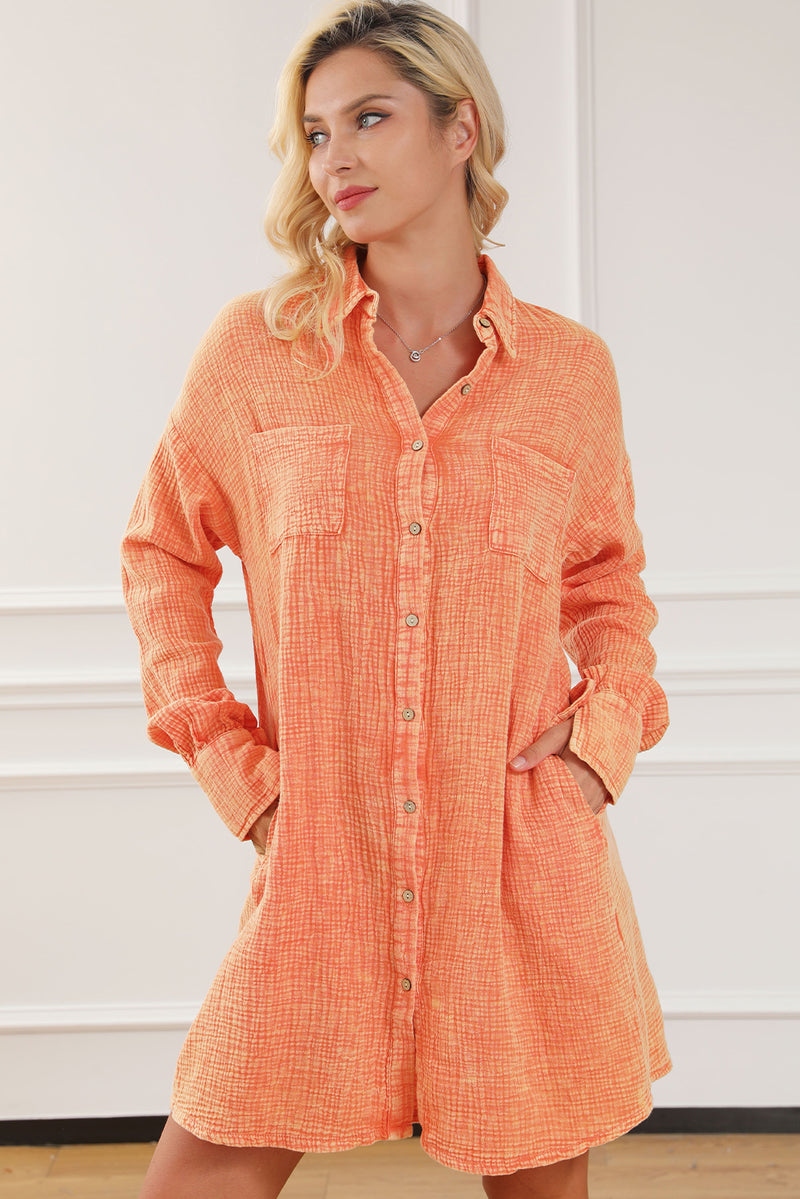 Orange Crinkled Pocket Oversized Shirt Dress