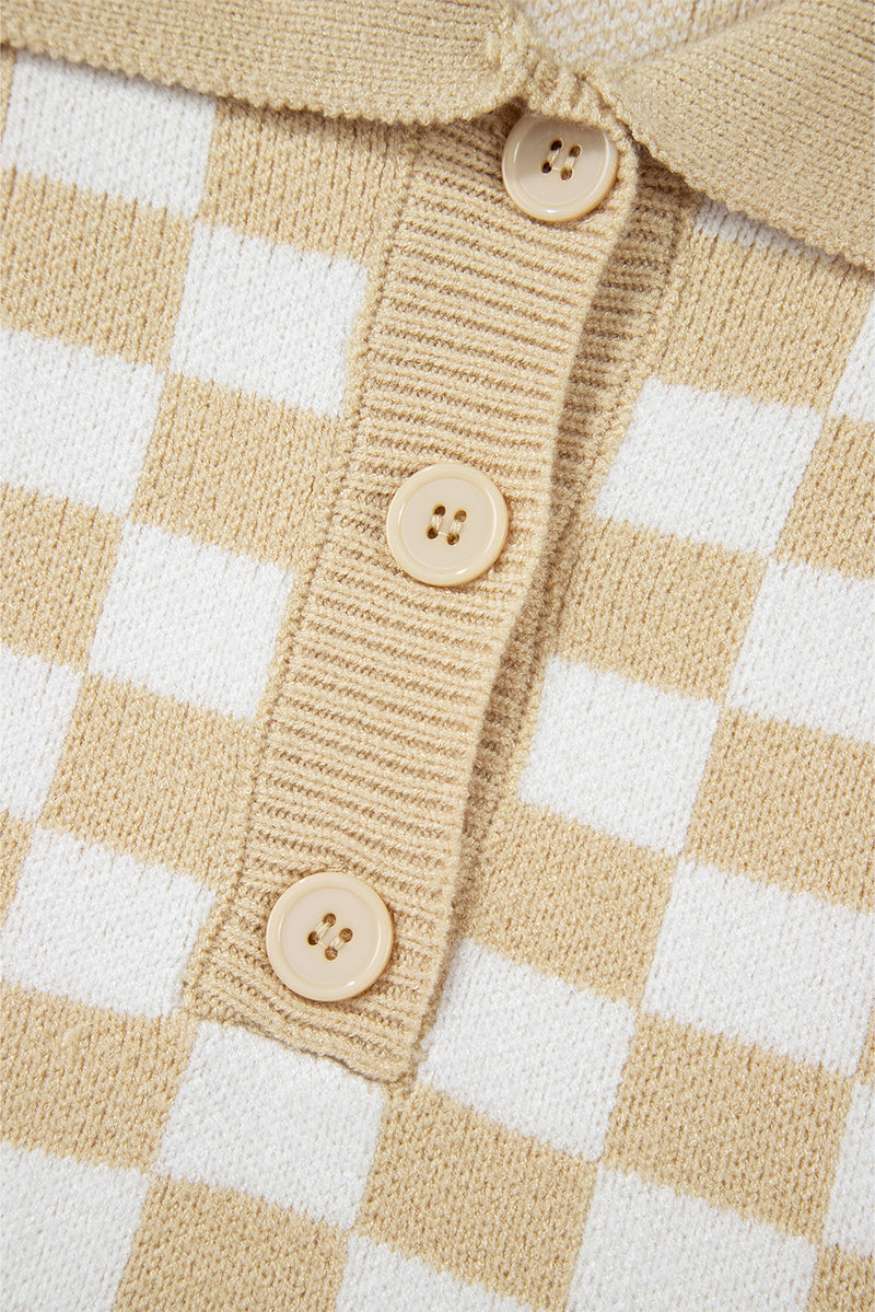 Apricot Checkered Buttons Collar V Neck Drop Shoulder Sweater