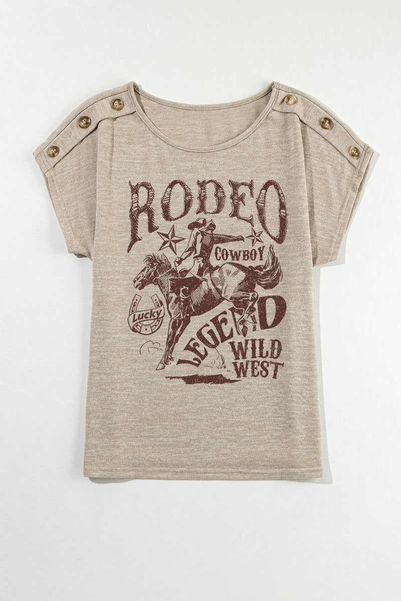 Smoke Gray RODEO Cowboy Graphic Buttoned Batwing Sleeve T Shirt