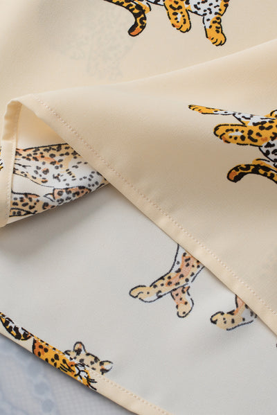 Apricot Cheetah Printed Split Neck Puff Sleeve Blouse