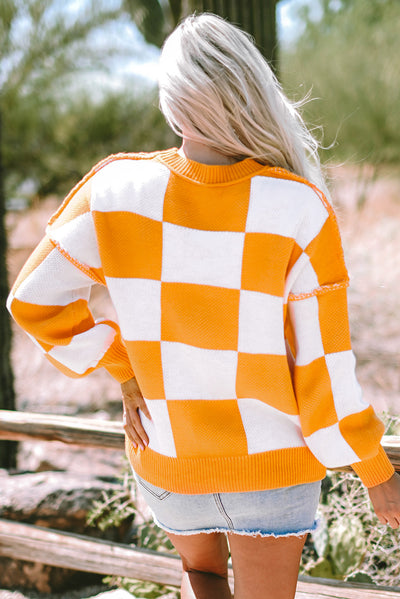 Rose Stripe Checkered Bishop Sleeve Sweater