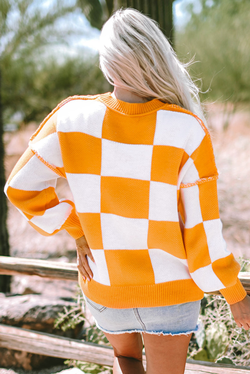 Rose Stripe Checkered Bishop Sleeve Sweater