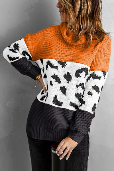 Apricot Turtleneck Splicing Chunky Knit Pullover Sweater