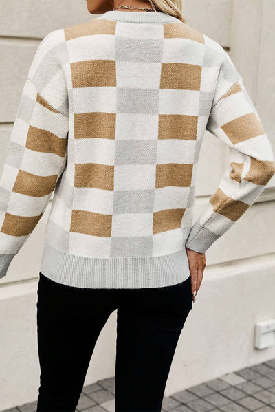 Orange Checkered Ribbed Edge O Neck Drop Shoulder Sweater