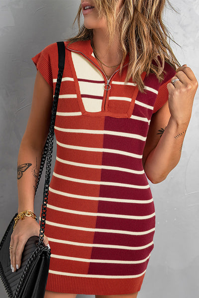 Brown Stripe Color Block Quarter Zip Collar Short Sleeve Sweater Dress