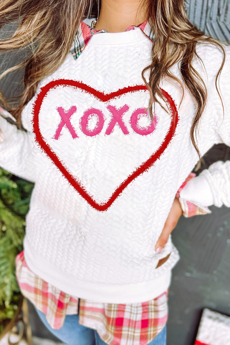 Racing Red Heart XOXO Chenille Embroidered Textured Sweatshirt