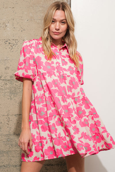 Pink Floral Tiered Puff Sleeve Mini Shirt Dress