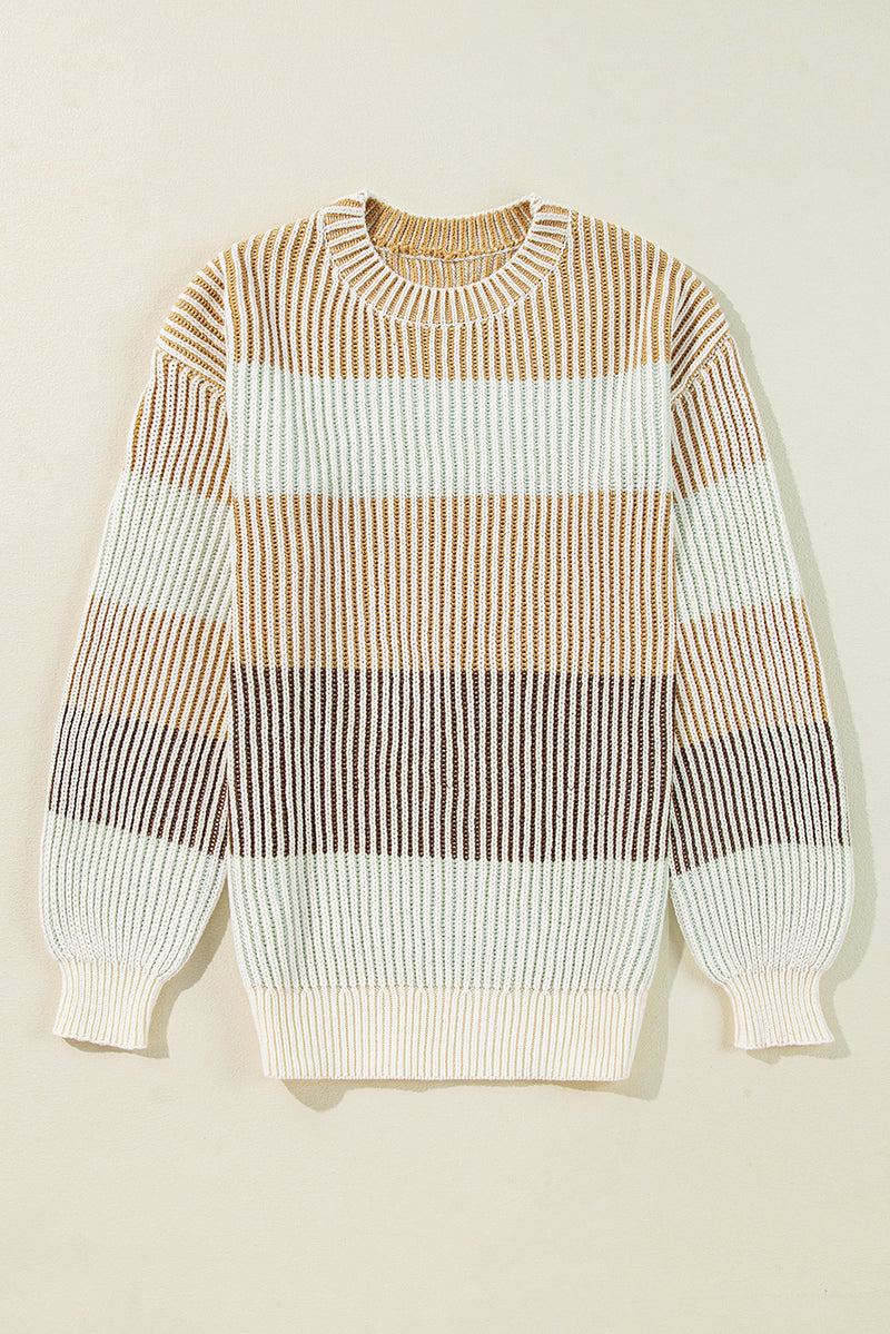 Brown Colorblock Textured Knit Bubble Sleeve Sweater