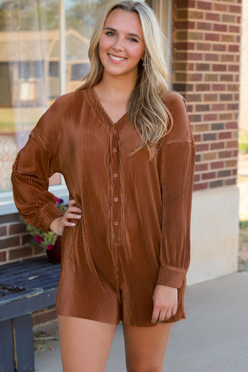 Ribbed Long Sleeve Button Front Romper