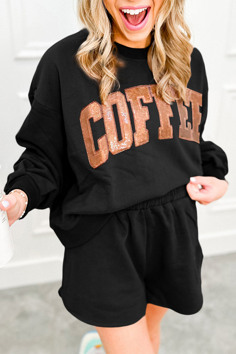 Black Sequined COFFEE Loose Fit Sweatshirt and Shorts Set