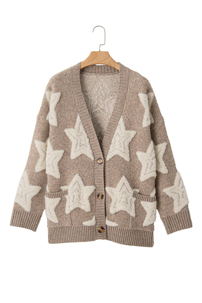 Pink Sherpa Star Pattern Textured Sweater Cardigan with Pockets