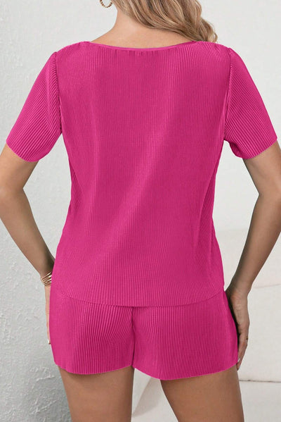 Bright Pink Casual Pleated Short Two-piece Set