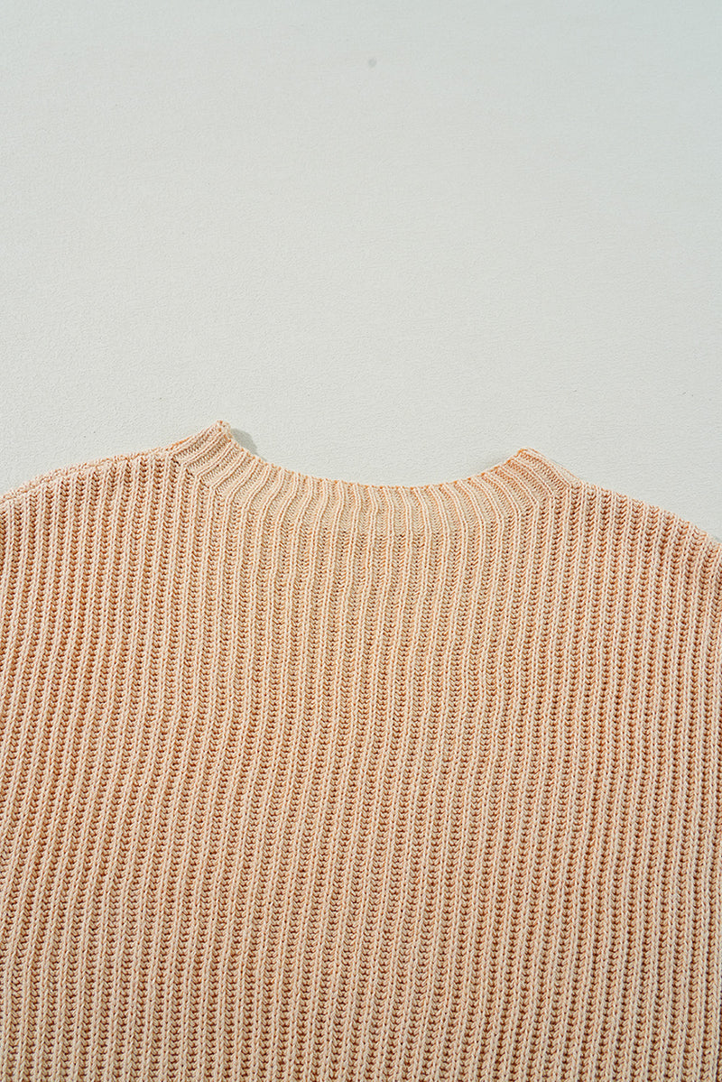 Apricot Cable Knit Drop Shoulder Side Slits Loose Sweater