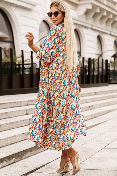 Multicolor Long Sleeve High Waist Dress