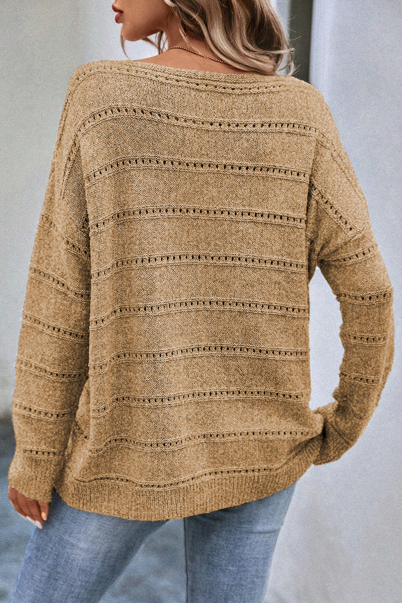 Boat Neck Drop Shoulder Pointelle Knit Sweater