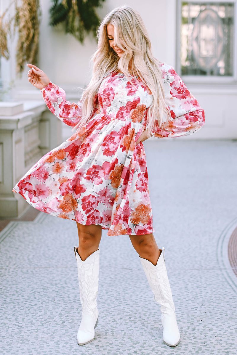 White Floral Print Smocked Puff Sleeve Mini Dress