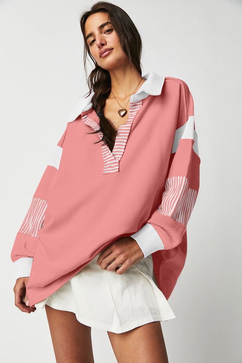 Striped Colorblock Patchwork Collar Sweatshirt