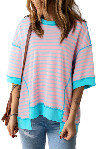 Sky Blue Stripe Oversized Contrast Trim Exposed Seam High Low T Shirt