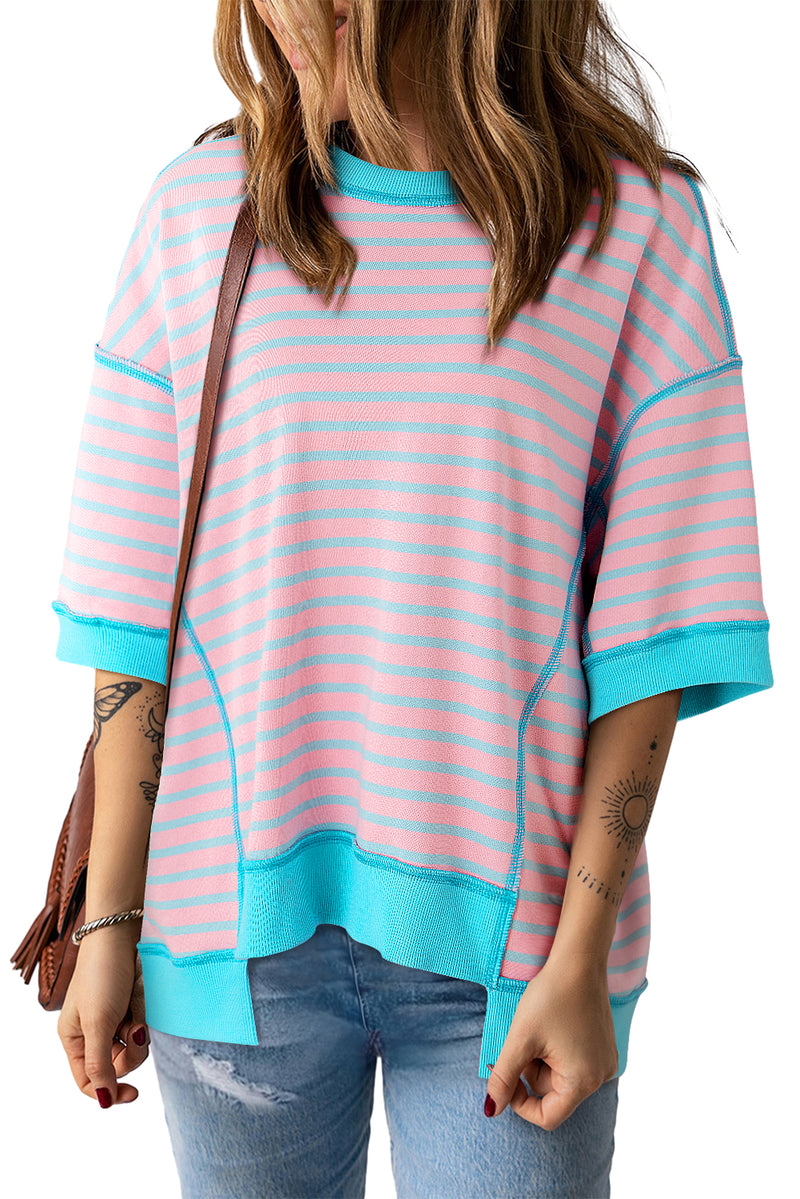 Sky Blue Stripe Oversized Contrast Trim Exposed Seam High Low T Shirt