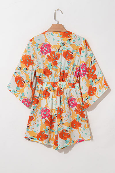 Orange Blooming Floral Print Front Tie Romper