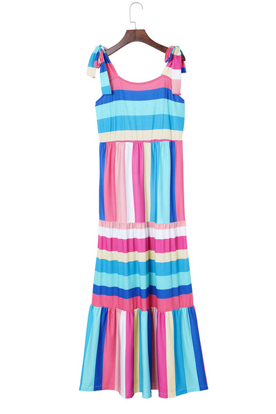 Multicolor Color Block Striped Bow Knot Straps Maxi Dress