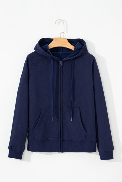 Navy Blue Solid Color Fleece Lined Zip up Hoodie