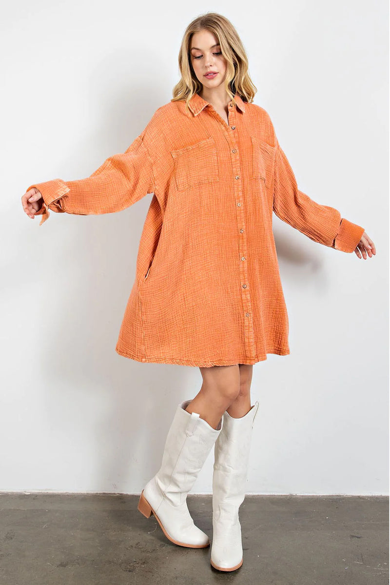 Orange Crinkled Pocket Oversized Shirt Dress