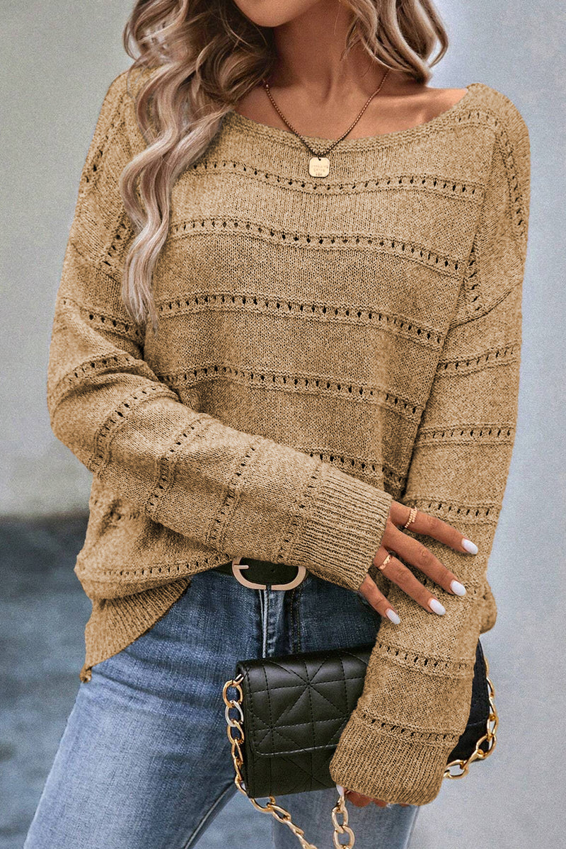 Boat Neck Drop Shoulder Pointelle Knit Sweater