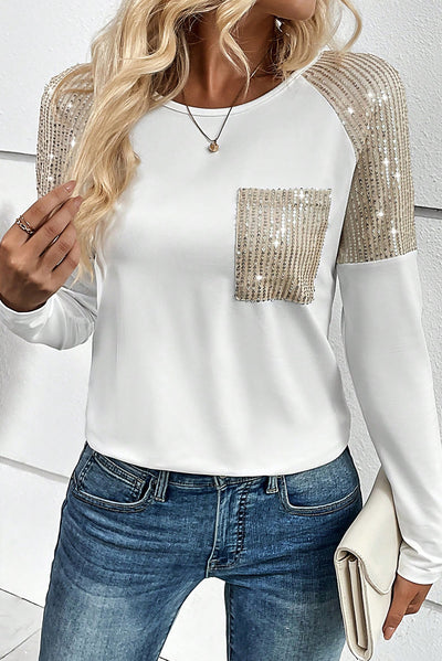 Sequin Patch Chest Pocket Raglan Sleeve Top