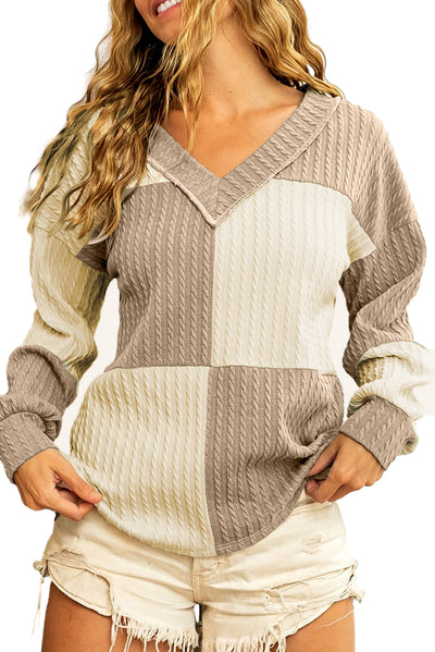Textured Colorblock Long Sleeve V Neck Top