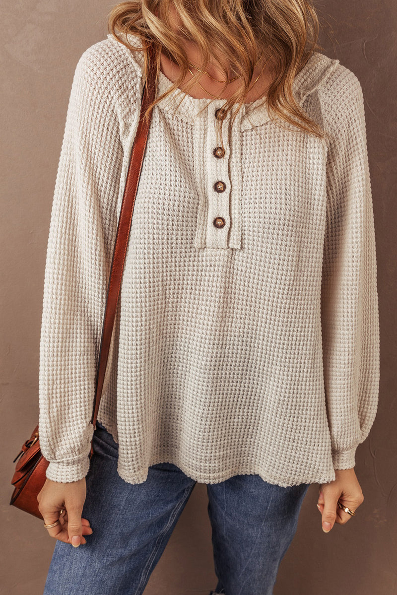 Oatmeal Waffle Knit Buttoned Front Raglan Sleeve Loose Blouse