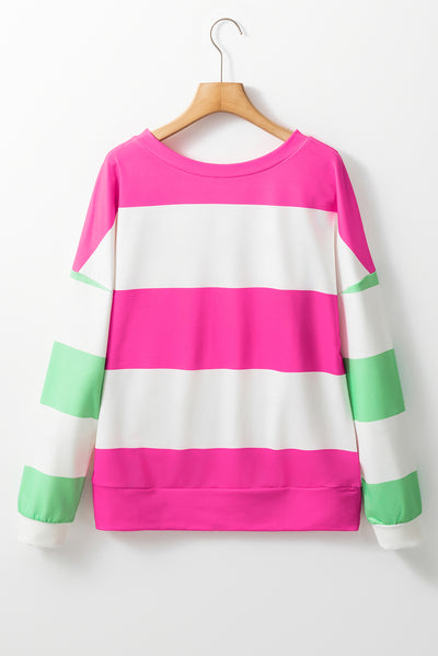 Rose Red Colorblock Striped Drop Shoulder Long Sleeve Top