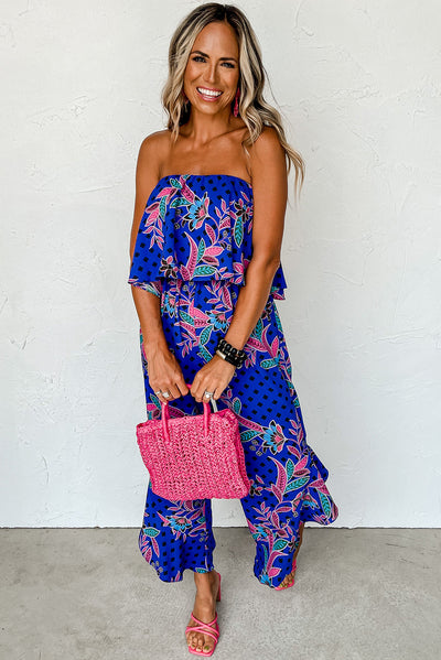 Red Mix Tropical Print Strapless Ruffled Jumpsuit