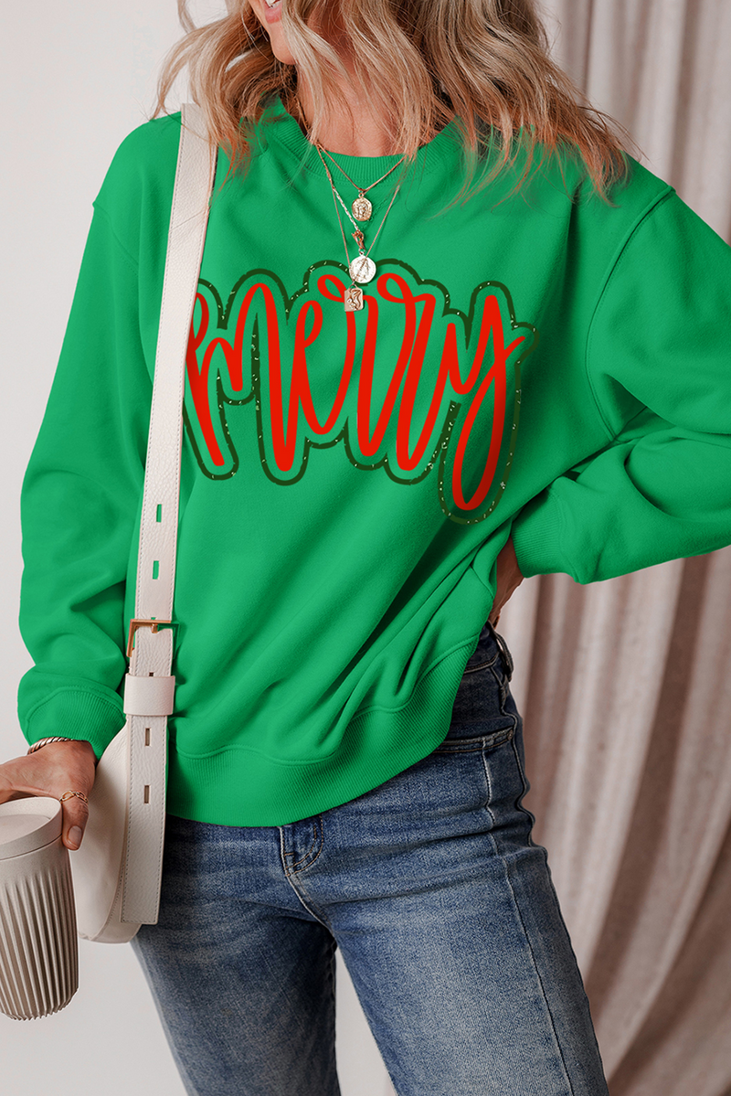 Dark Green Merry Print Fleece Lined Drop Shoulder Christmas Sweatshirt