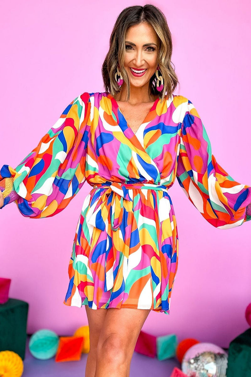 Multicolor Abstract Printed Belted Puff Sleeve Mini Dress