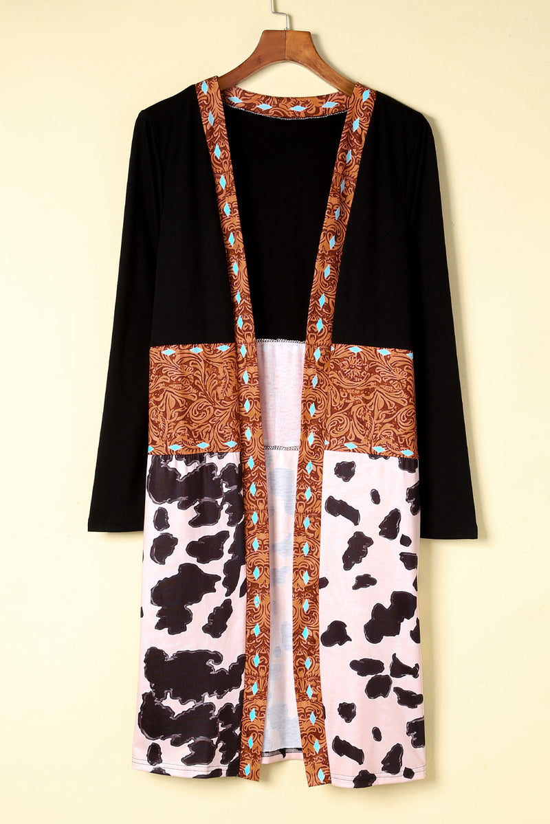 Western Pattern Cow Patchwork Open Front Cardigan
