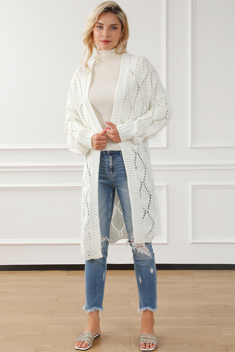 White Rhombus Hollowed Knit Open Front Cardigan