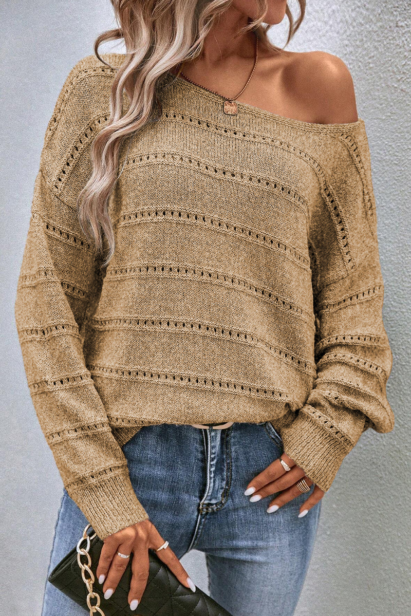 Boat Neck Drop Shoulder Pointelle Knit Sweater