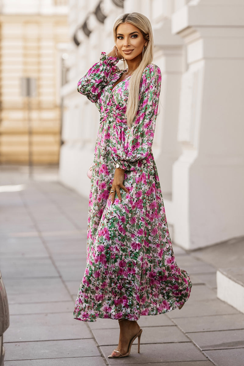 Green Floral Print Deep V Neck Ruched Cinched Waist Maxi Dress